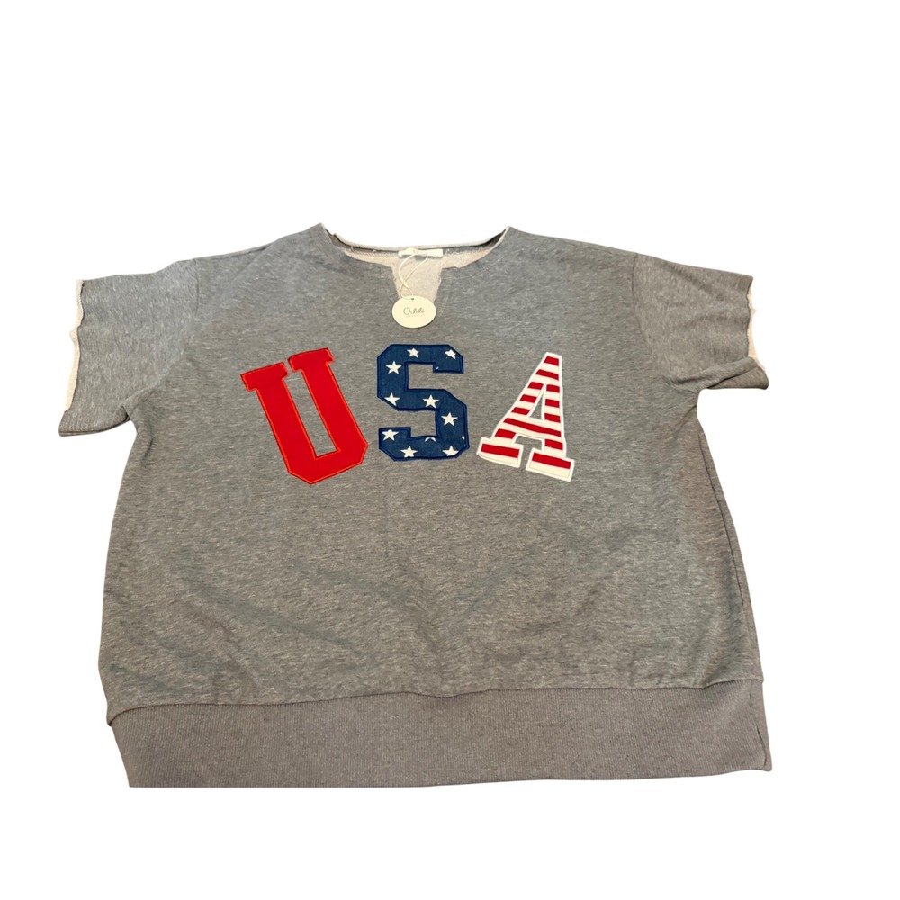 Oddi Los Angeles USA Patch Short Sleeve Sweatshirt Gray Patriotic Top Large